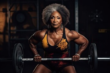 Fototapeta na wymiar Senior African American Woman Lifting Weights in Gym