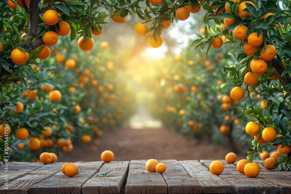 Poster several ripe oranges hang in a cluster from a tree branch, showcasing the vibrant fruit against the 