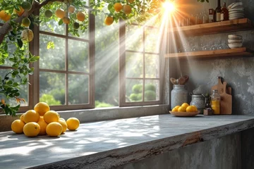 Foto auf Acrylglas A collection of yellow lemons placed on a countertop in front of a window, allowing natural light to illuminate the scene. © nnattalli