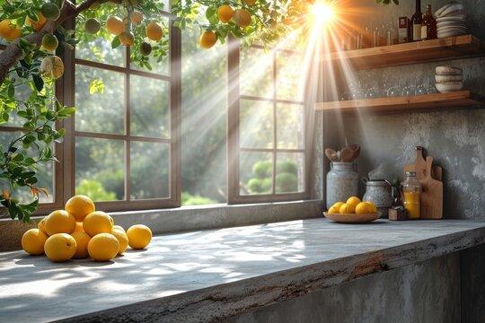 A collection of yellow lemons placed on a countertop in front of a window, allowing natural light to illuminate the scene.