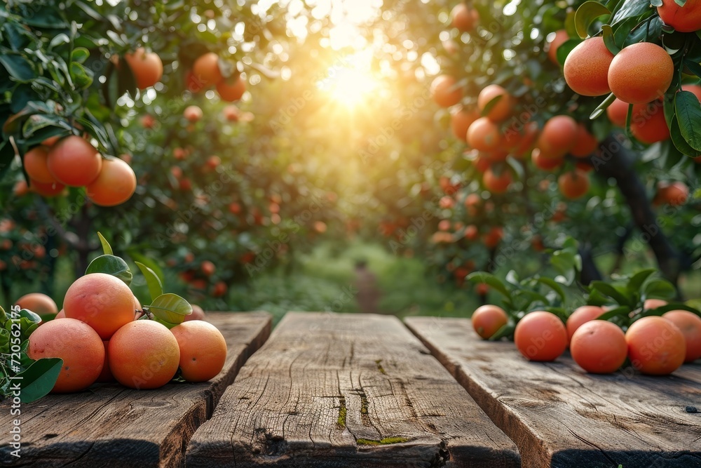 Poster a wooden table adorned with a colorful assortment of orange grapefruits