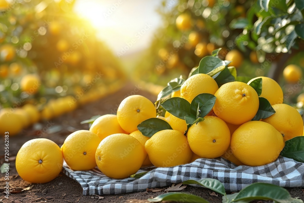 Poster summer lemon citrus garden background with empty  table top in front, sunlight soft background 