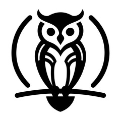 Elegant wise owl bird perch logo icon, symbol, clipart, silhouette, black color silhouette