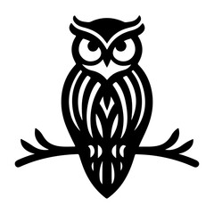 Elegant wise owl bird perch logo icon, symbol, clipart, silhouette, black color silhouette