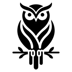 Elegant wise owl bird perch logo icon, symbol, clipart, silhouette, black color silhouette