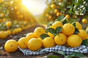 summer lemon citrus garden background with empty  table top in front, sunlight soft background 