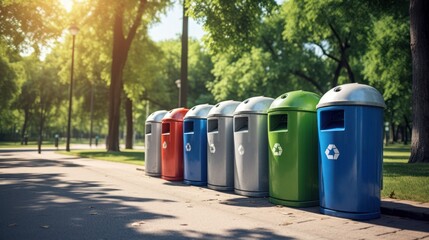 Close-up photos Different color recycling bins in city park bins for collection of recycle materials. Environment concept