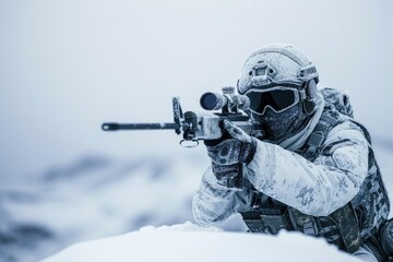 Sniper in winter camouflage aiming with a rifle in a snowy environment. Special operation. Winter warfare and sniper stealth concept. Design for banner, poster
