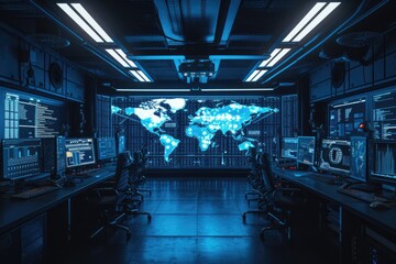 High-tech military operation center with world map displays. Futuristic control room. Global surveillance and command center concept.