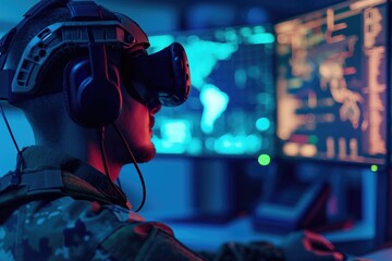 Military personnel using virtual reality. Modern warfare training and cyber technology concept. Futuristic army and police. Design for banner, poster, wallpaper