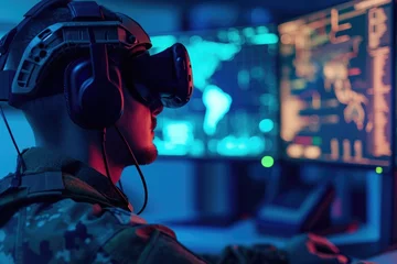 Foto op Aluminium Military personnel using virtual reality. Modern warfare training and cyber technology concept. Futuristic army and police. Design for banner, poster, wallpaper © dreamdes