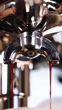 Fresh Espresso Pouring from the Portafilter of a Coffee Machine