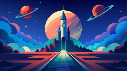 Naklejka premium Colorful retro futuristic space vector illustration with rocket launch