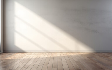 Light gray empty wall with wooden floor and glare of sun from window.
