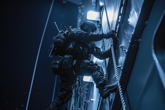 A soldier climbs a rope at a night operation Special forces unit. Counter-terrorism and SWAT team concept. Design for banner, poster, wallpaper. Special operation