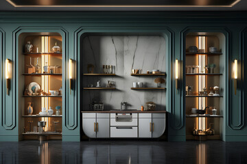 Art Deco space with built in wall mounted display shelve