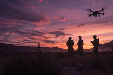 Fototapeta na wymiar Silhouettes of soldiers with a drone against a twilight sky. Military operations and tactics concept. Special forces unit. Design for banner, poster, wallpapers with copy space