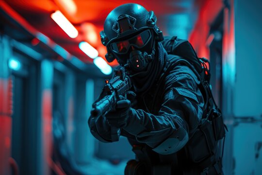 Armed soldier in tactical gear clearing a corridor with red neon lights. Action shot. Special operations and futuristic technology. Police of the future. Design for banner, poster, advertising