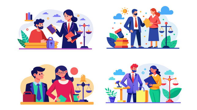 Colorful vector illustrations of legal professionals and clients in various law-related settings