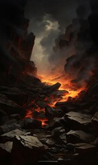 Obraz premium Flaming lava on the beach at night