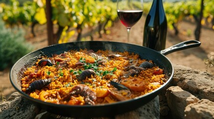Valencian style Rabbit and Snail Paella against a vineyard backdrop