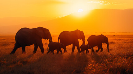 Fototapeta na wymiar A family of elephants walking together in the African savannah at sunset symbolizing unity and strength.