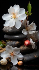 Fototapeta na wymiar White Flower Amidst Black River Stones