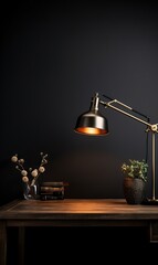 Vintage desk lamp and books on dark wall background