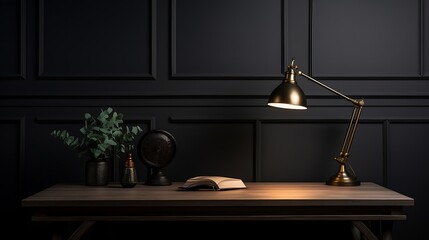 Wooden desk with lamp and plant in dark room