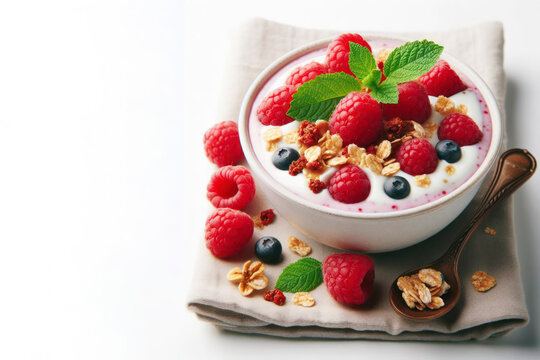 a bowl of yogurt with raspberries and granola isolated on solid white background. ai generative