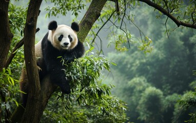 panda perched on a high tree branch