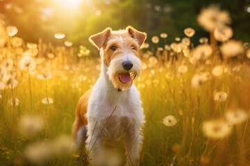 Wire fox terrier dog sitting in meadow field surrounded by vibrant wildflowers and grass on sunny day ai generated