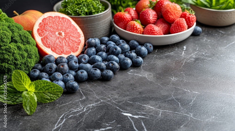 Poster A table adorned with bowls filled with a variety of fresh fruits and vegetables, creating a vibrant and inviting display.