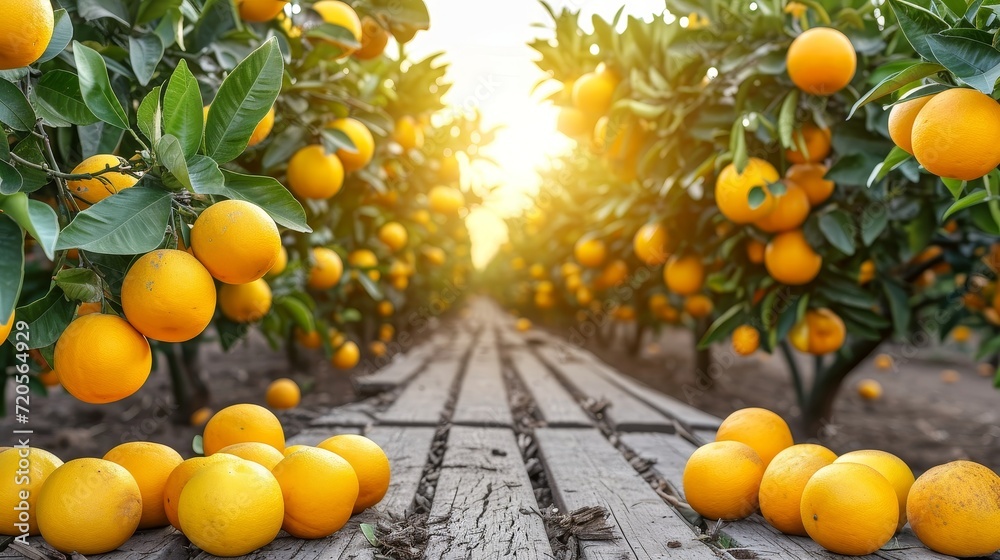 Poster summer lemon fruits in garden background with empty wooden table top in front, sunlight soft background