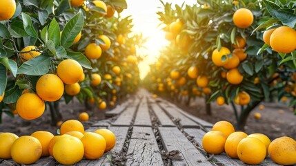 summer lemon fruits in garden background with empty wooden table top in front, sunlight soft...