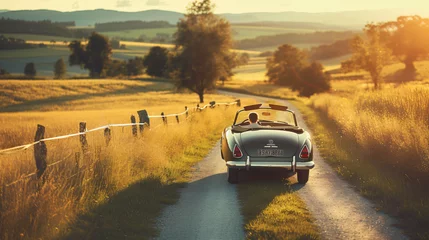 Foto op Aluminium A family road trip in a vintage car traveling through a picturesque countryside. © Lucas