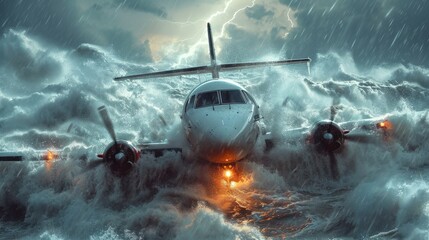 Fototapeta premium Dramatic aviation disaster: passenger plane crashing into turbulent ocean during a storm