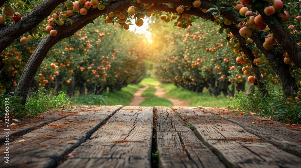 Poster summer orange fruits garden background with empty wooden table top in front, sunlight soft backgroun