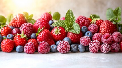 A pile of raspberries and blueberries with their fresh green leaves, showcasing their abundance and natural vibrancy.