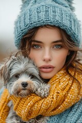 A stylish young woman wearing a knitted sweater poses with a lovely dog, exuding glamour and charm. They are in a warm, inviting environment and appear happy and comfortable in each other's company.