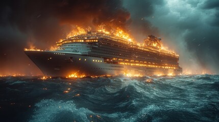 A dramatic photo of a passenger boat on fire during a severe ocean storm, showing the intensity and danger of maritime disasters amidst turbulent waves and stormy skies. - obrazy, fototapety, plakaty