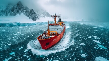 Journeying through the icy waters of the northern seas on an expedition boat, with the challenging passage among the ice floes creating a captivating visual of the arctic's striking natural beauty.
