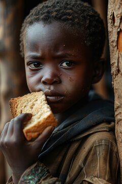 African child, looking sad, sitting alone and eating bread. The image powerfully portrays the impact of hunger and the desperate need for food and assistance in vulnerable communities.