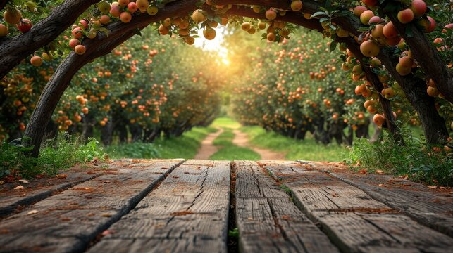 summer orange fruits garden background with empty wooden table top in front, sunlight soft background
