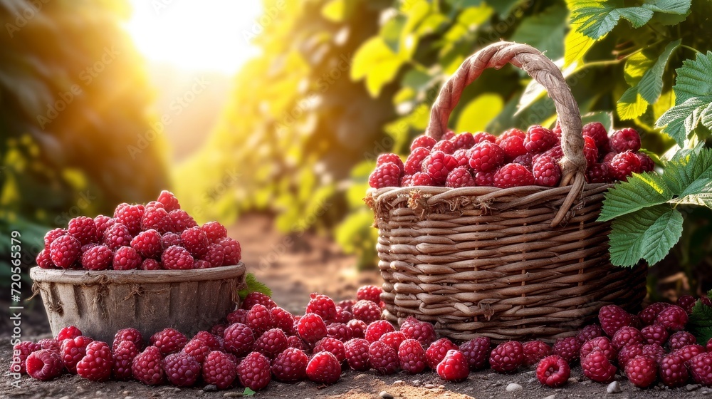 Poster summer raspberry harvesting in garden background with empty wooden table top in front, sunlight soft background