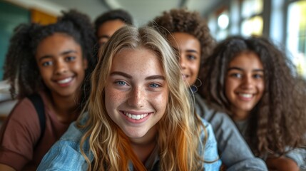 Fototapeta premium Close-up of jubilant female college students taking selfies in a classroom during a break from their studies. They are capturing joyful moments with bright smiles and genuine happiness.