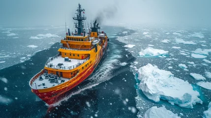 Foto op Aluminium An expedition boat navigating through icy waters in the northern seas. The boat is surrounded by large ice floes, creating a serene and picturesque scene of exploration and adventure. © Dmitry