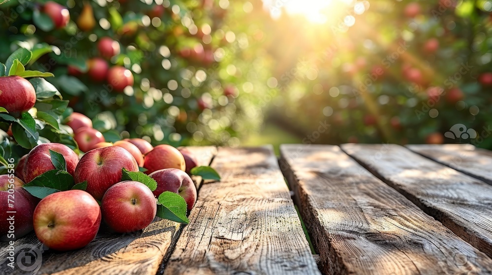 Poster a wooden table showcases a multitude of vibrant red apples arranged in an abundant display.