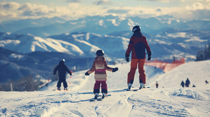 A family skiing trip in the snowy mountains with action shots of skiing and snowboarding.