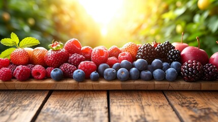 summer fruit and berries garden background with empty wooden table top in front, sunlight soft...